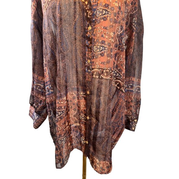 ZARA M Bohemian Brown Rust Blue Print Dolman Sleeve Button-Down Blouse - Picture 15 of 16